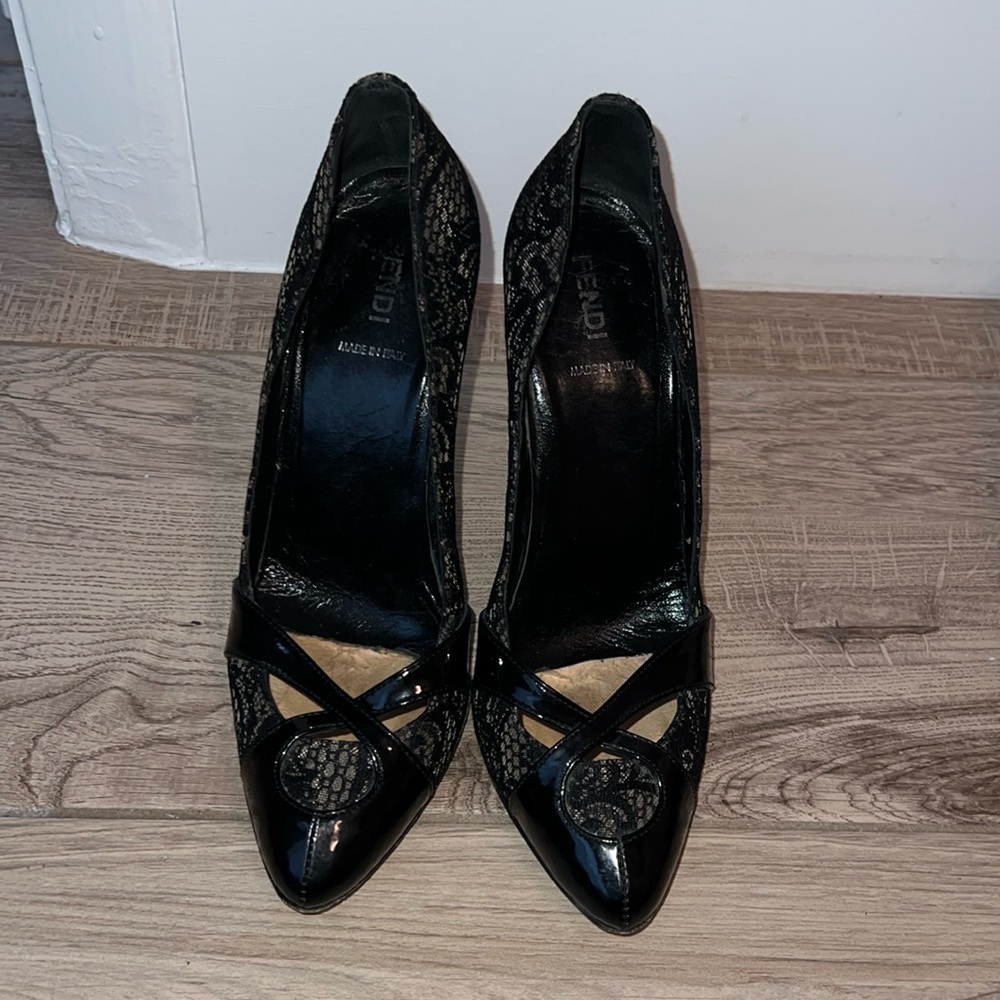 Vintage Fendi patent and lace stiletto heels 6.5
